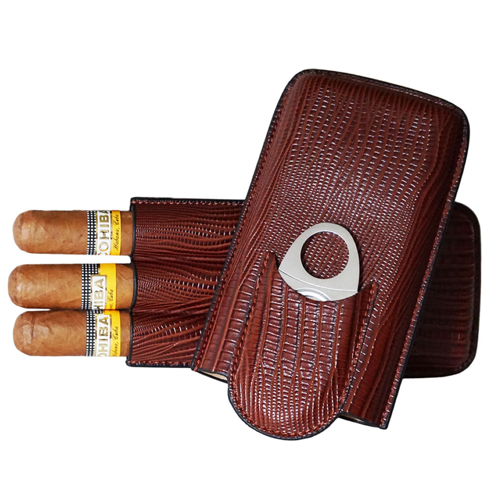 Classic Collection- Roma Leather Case - 3 Fingers - Brown Color- Include Cutter 6”3/4 x 3”1/2 x 1”