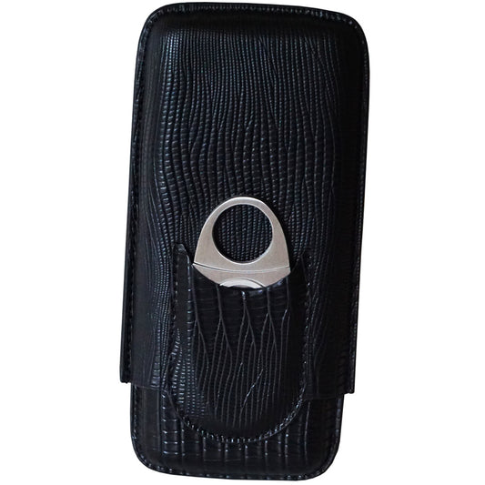 Classic Collection- Sicilian Leather Case - 3 Finfers - Black Color - include Cutter 6”3/4 x 3”1/2 x 1