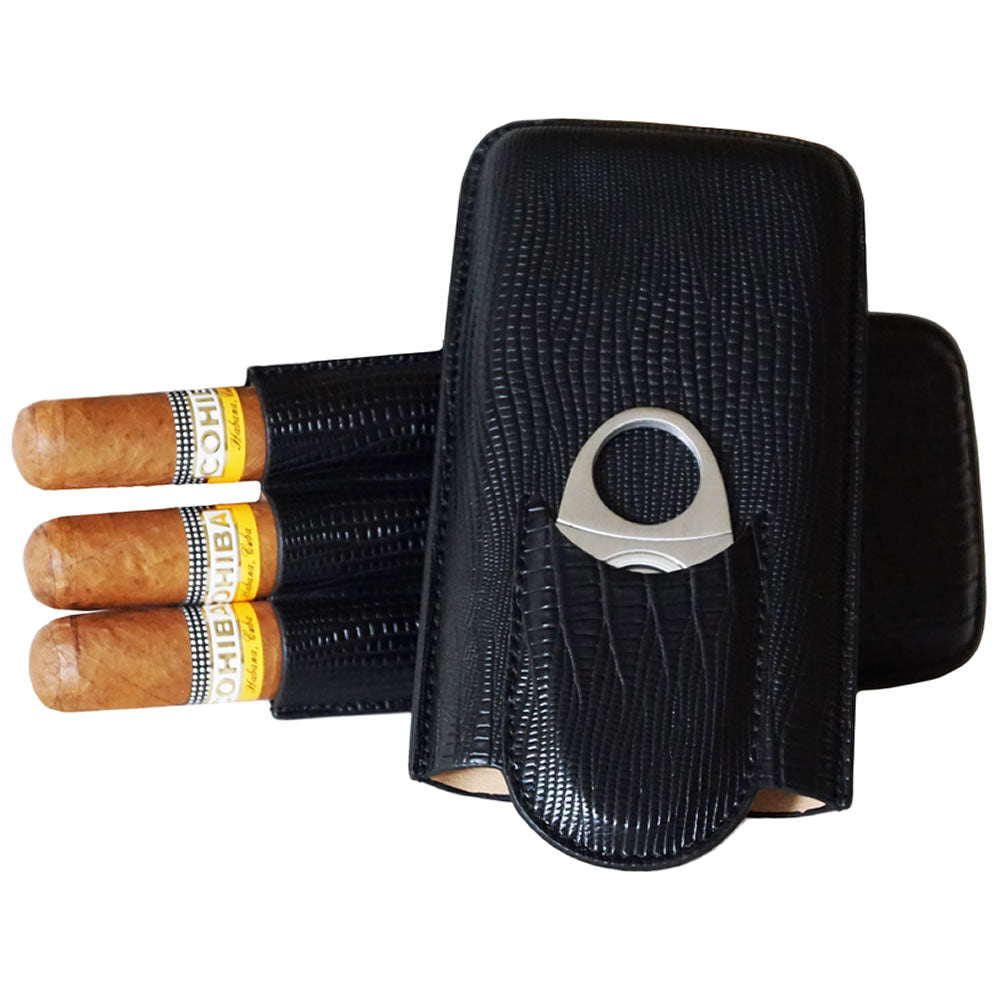 Classic Collection- Sicilian Leather Case - 3 Finfers - Black Color - include Cutter 6”3/4 x 3”1/2 x 1